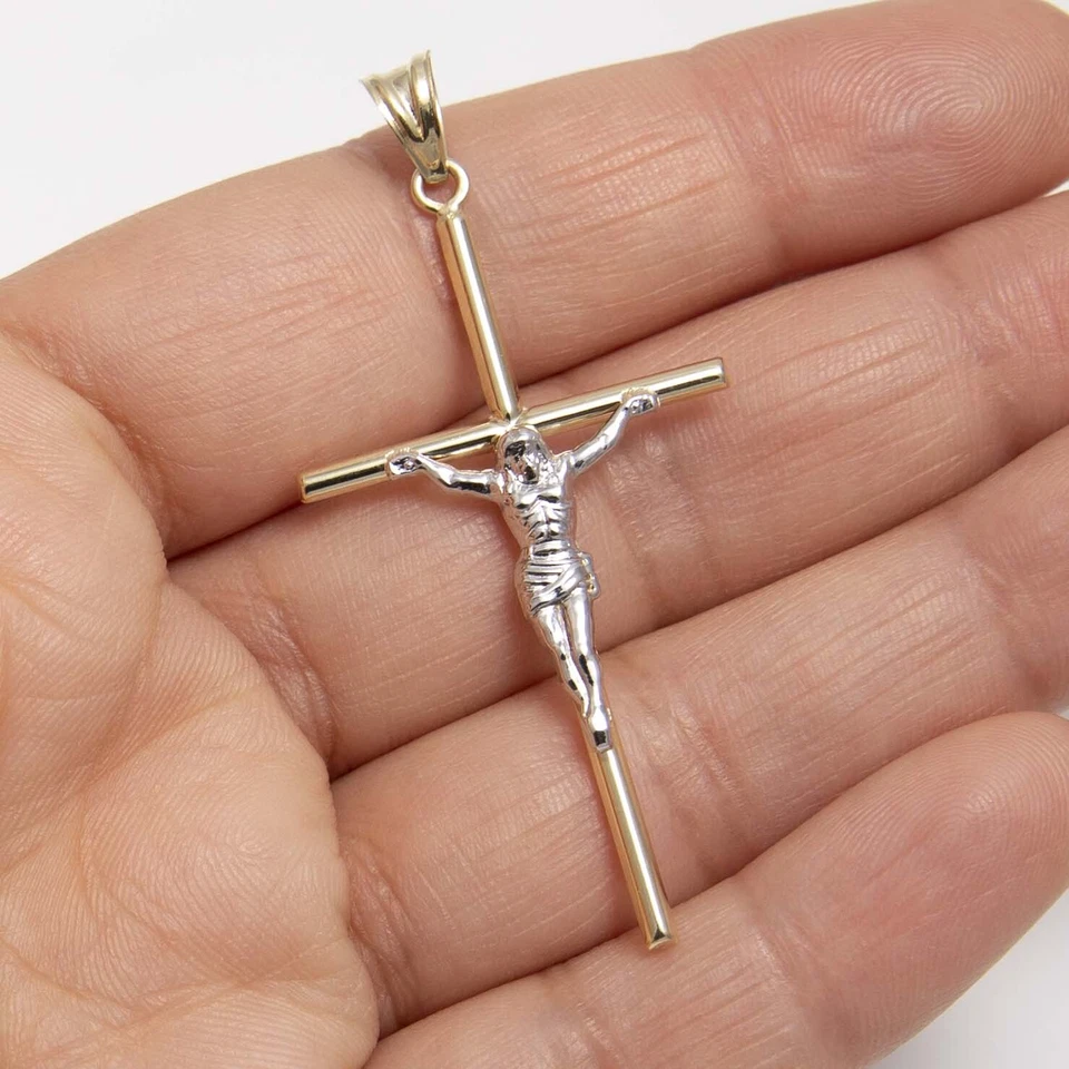 Colgante Crucifijo Cruz Jesús 2 1/4" Real Oro Amarillo Blanco 10K