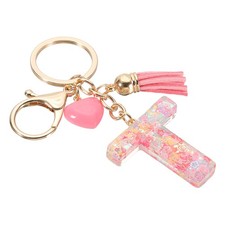 Initial Letter Keychain, Letter t Heart Design Charm with Tassels, Pink