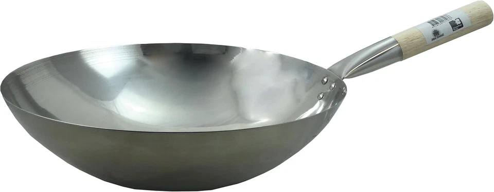 Wok in Acciaio Inox, Fondo Rotondo, Diametro: 35 Cm, Argento - Immagine 2 di 4