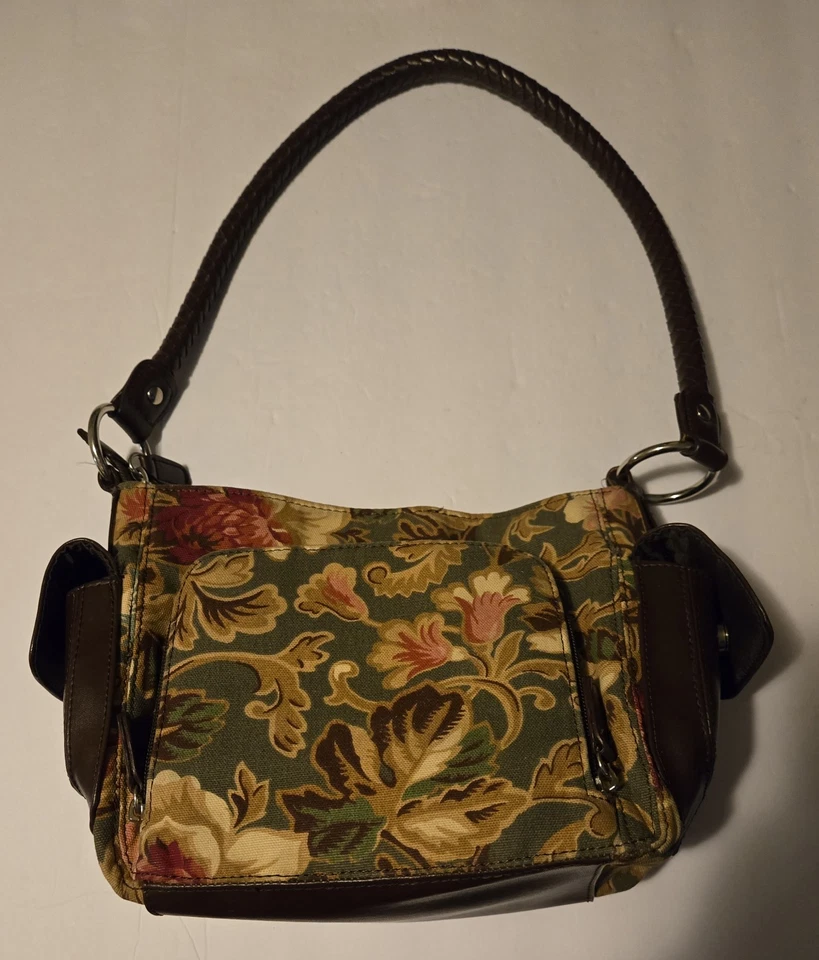 Longaberger Homestead Bolso de Mano Cartera Tela Floral Hermoso Marrón Tejido Mango Foto 3 de 4