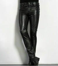 Men's Tight Leather Pants 80s Punk Rock Skinny Motorcycle Gothic Biker Trouser  