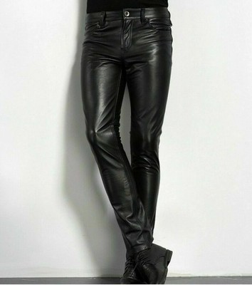 Men's Tight Leather Pants 80s Punk Rock Skinny Motorcycle Gothic Biker Trouser 