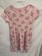 Cat  Jack Girls Pink Bow Print Fit  Flare Dress L 10/12 Short Sleeve Pockets