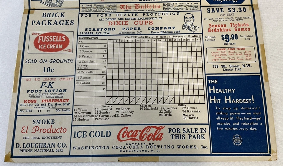 1942 Washington Senators vs. Cleveland Indians Baseball Scorecard - Image 3 of 4