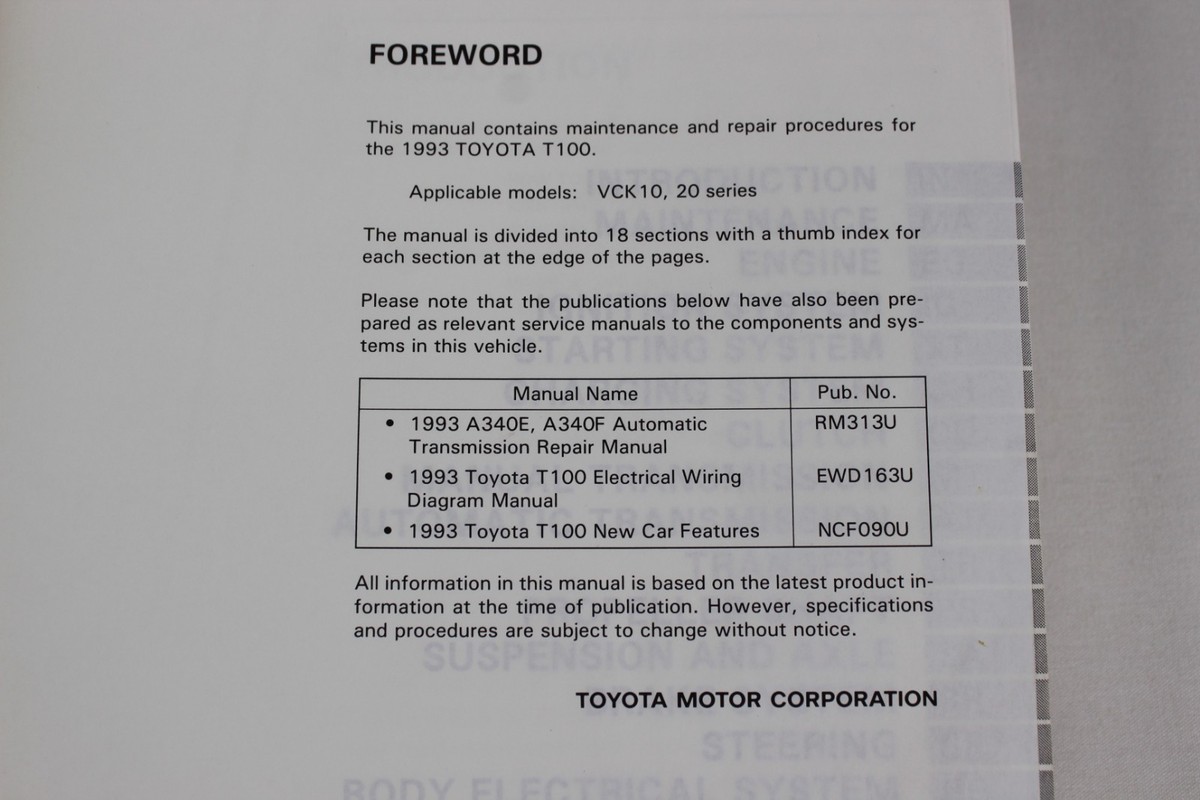 Toyota 1993 Pickup Truck T100 Repair/Shop Manual Engine Chassis