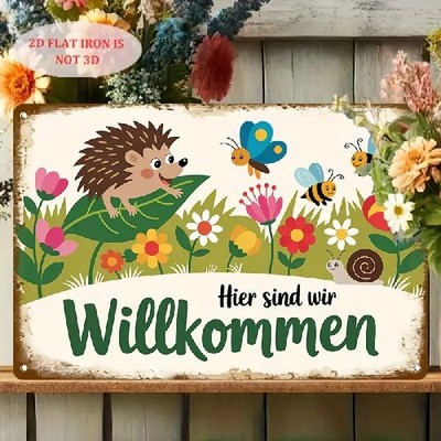 Blechschild Hier sind wir Willkommen Igel Biene Garten Metallschild TEL3050