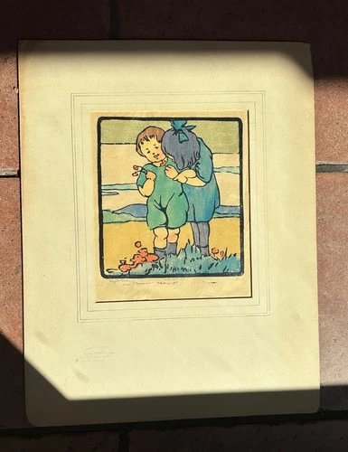 American Arts & Crafts woodblock print Eliza Draper Gardiner Love Bitter 20/100