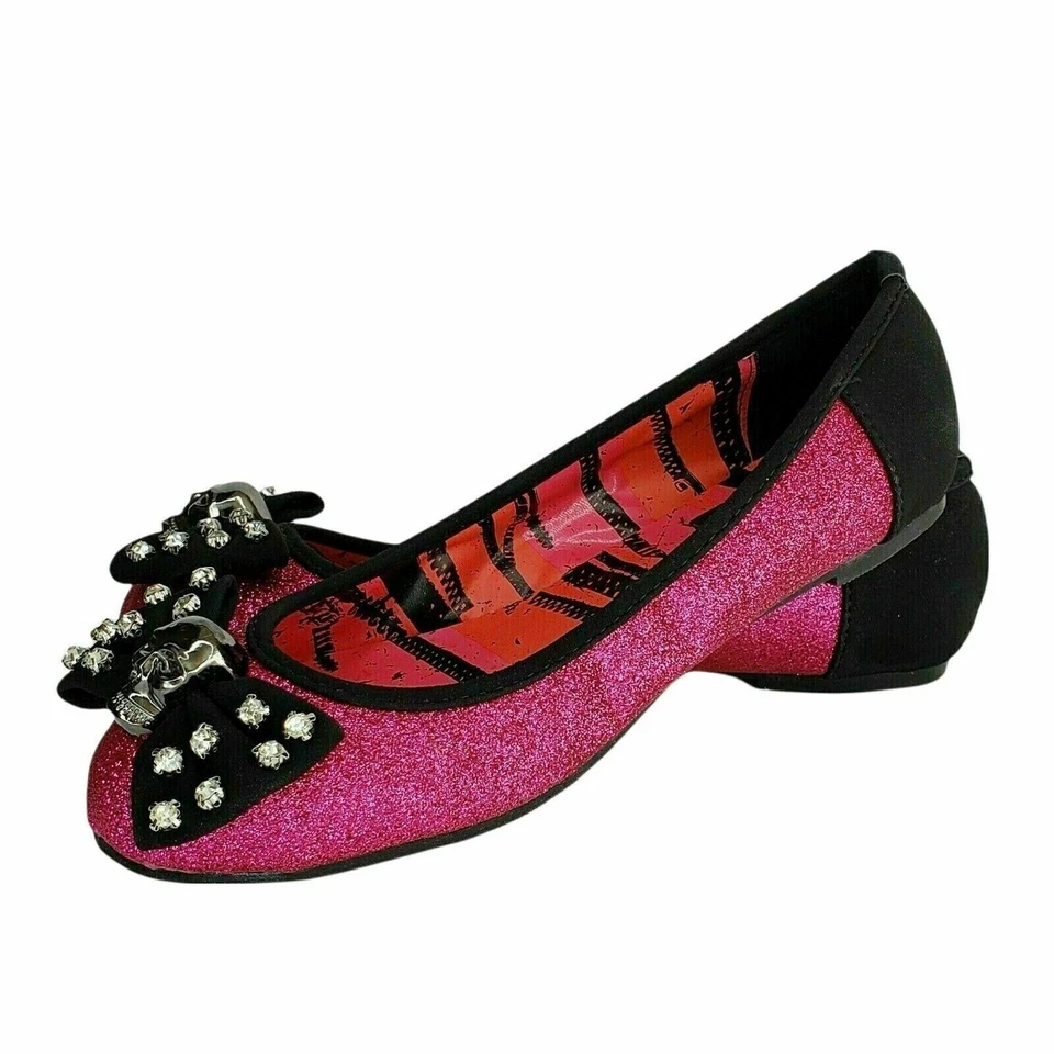 Abbey Dawn Pink Glitter Skull Shoes Black Bow Rhinestones Flats Size 5 Halloween - Image 3 of 4