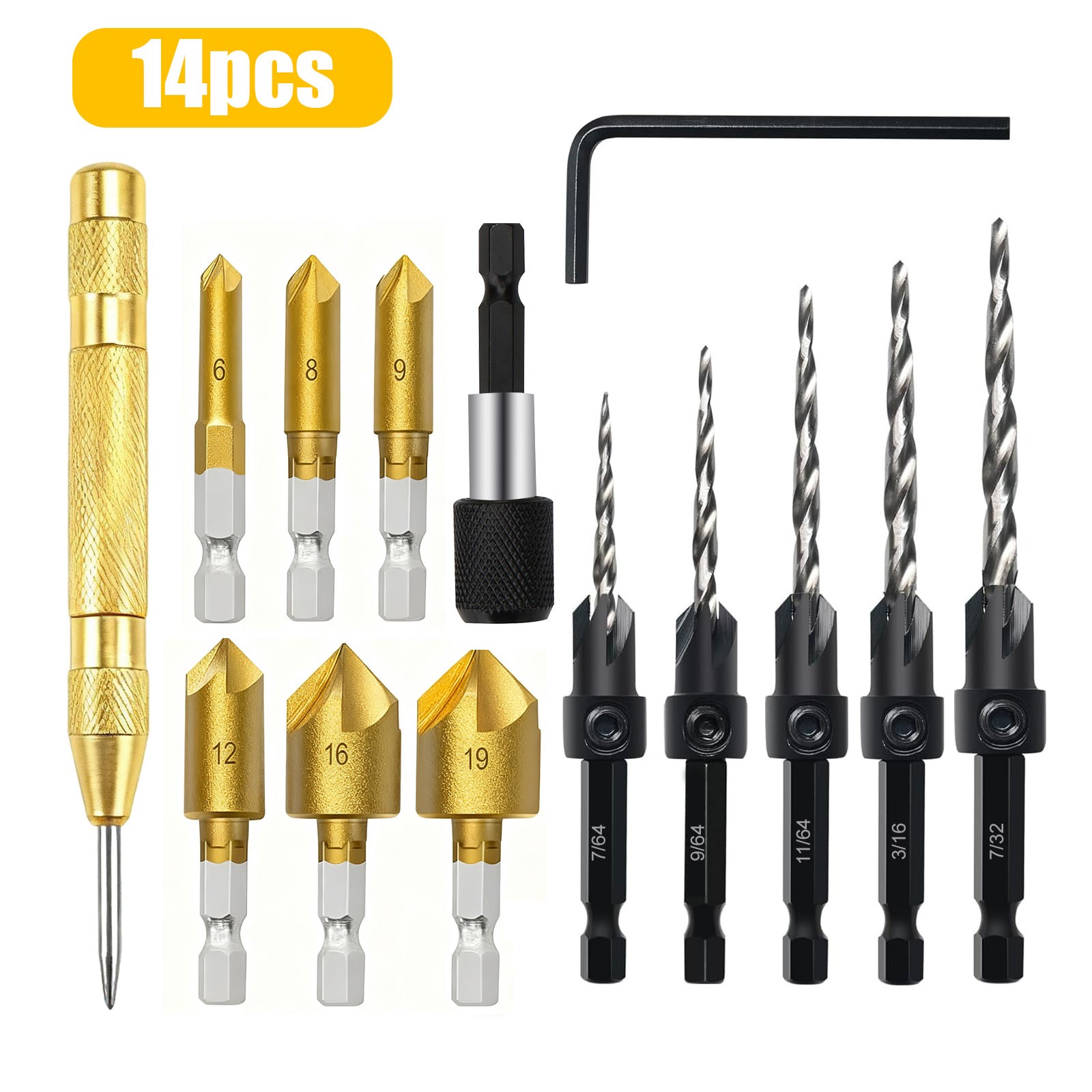 14PCS Countersink Drill Bit Set Woodworking HSS Chamfer Drill Bit 1/4