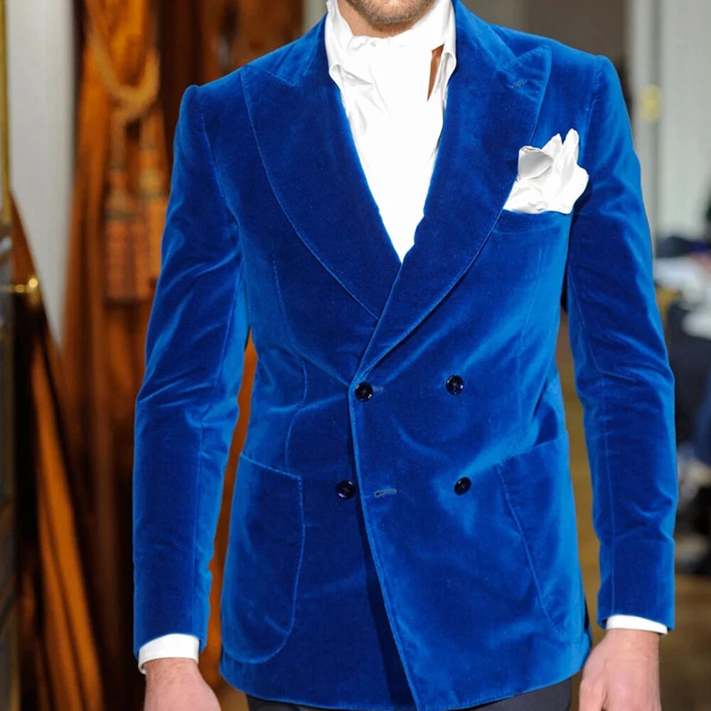 well dressed man blue velvet Shawl Lapel Velvet Navy Blue Men Prom Party Blazer | Wessi – Wessi main image 1