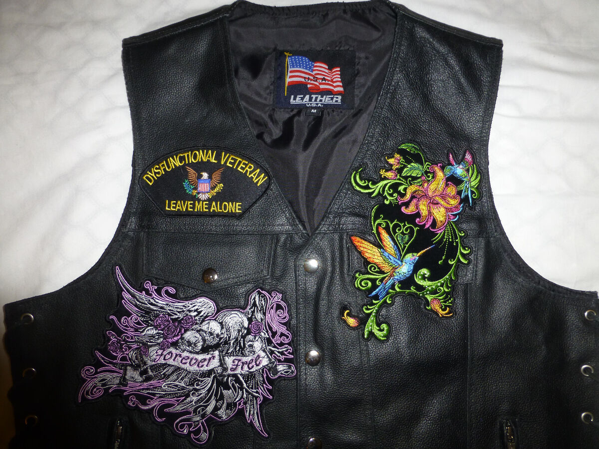 USA Leather Biker Veteran Black Lace Sides 6 Pocket Snap up Vest Patches  Medium