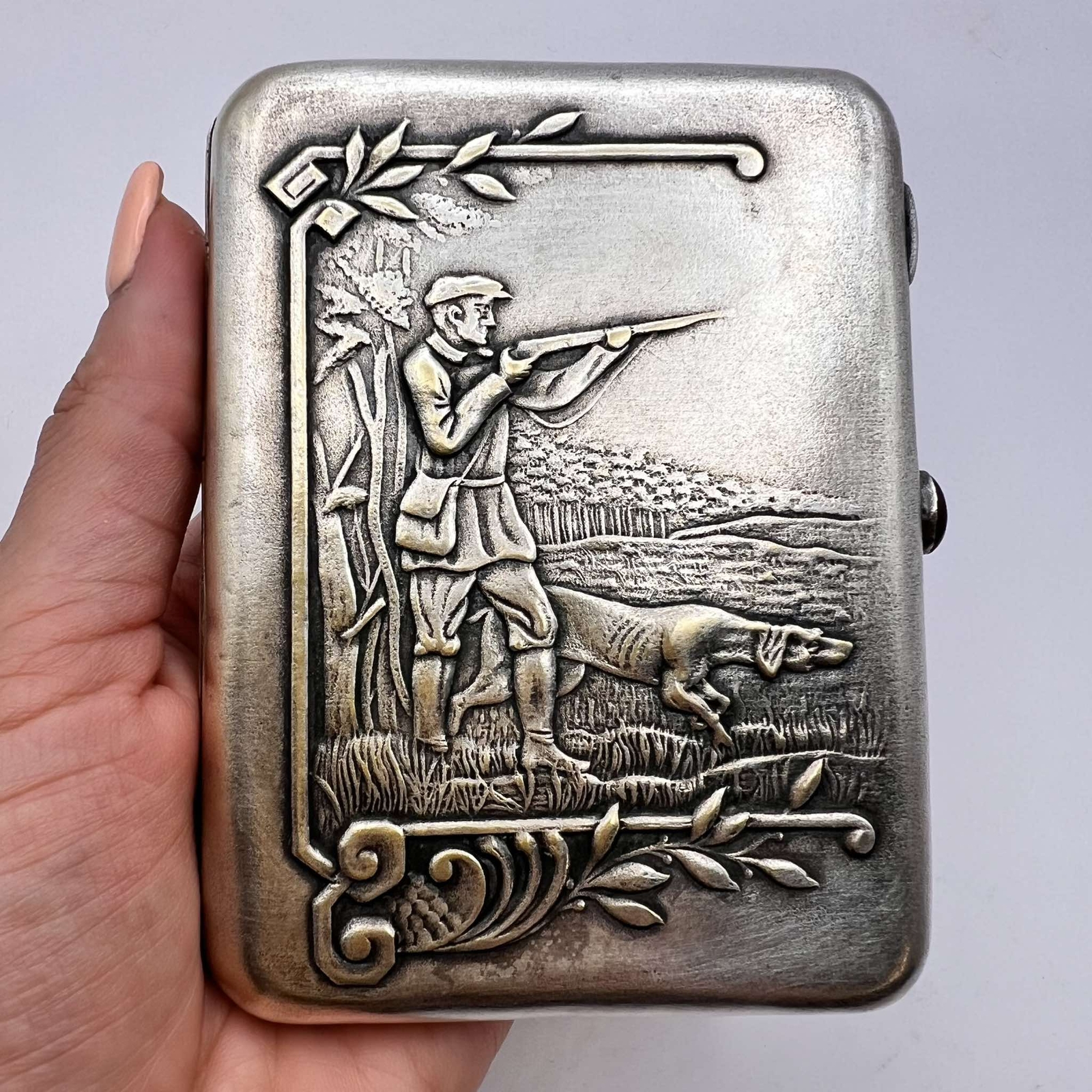 1930 Antique Silver Plated Cigarette Case Hunting Ruby Signed Collectible