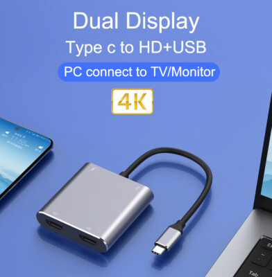 Type C To HDMI + USB 3.0 Hub Dual Screen Display Splitter for Laptop Phone PC TV