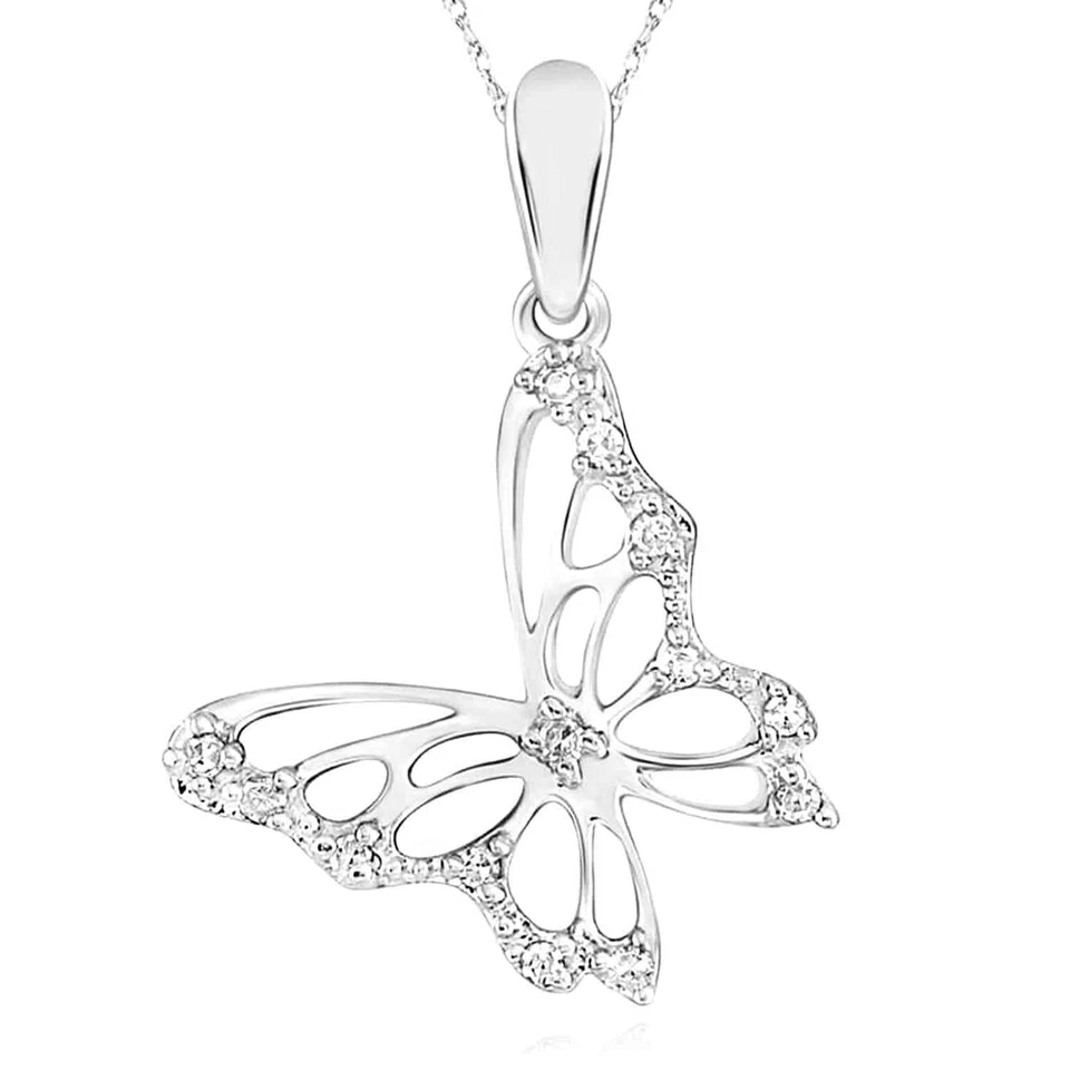 Colgante mariposa blanco amarillo oro 10K diamantes naturales 0,05 quilates 0,9" Foto 4 de 4