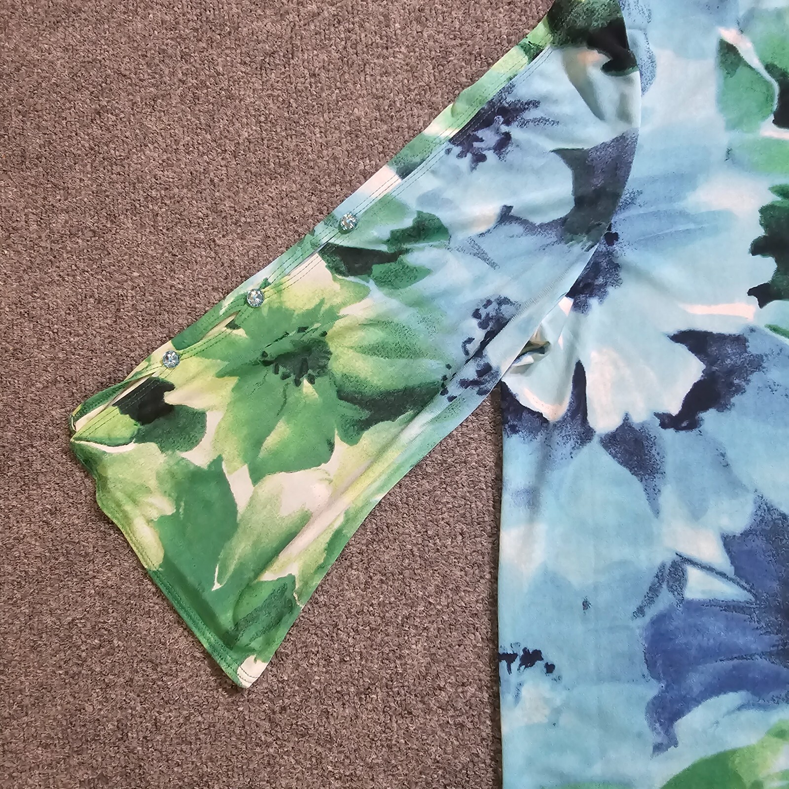 Susan Graver Top Women Large Blue Green Floral Stretch Gemstones Casual Career