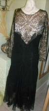 Antique 1920s Black Lace Dress ankle length szM lg slv. ARtSY formal.satin slip