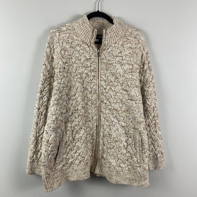 Lands' End Drifter Full Zip Sweater Womens 2X White Tan Beige Cotton Pockets