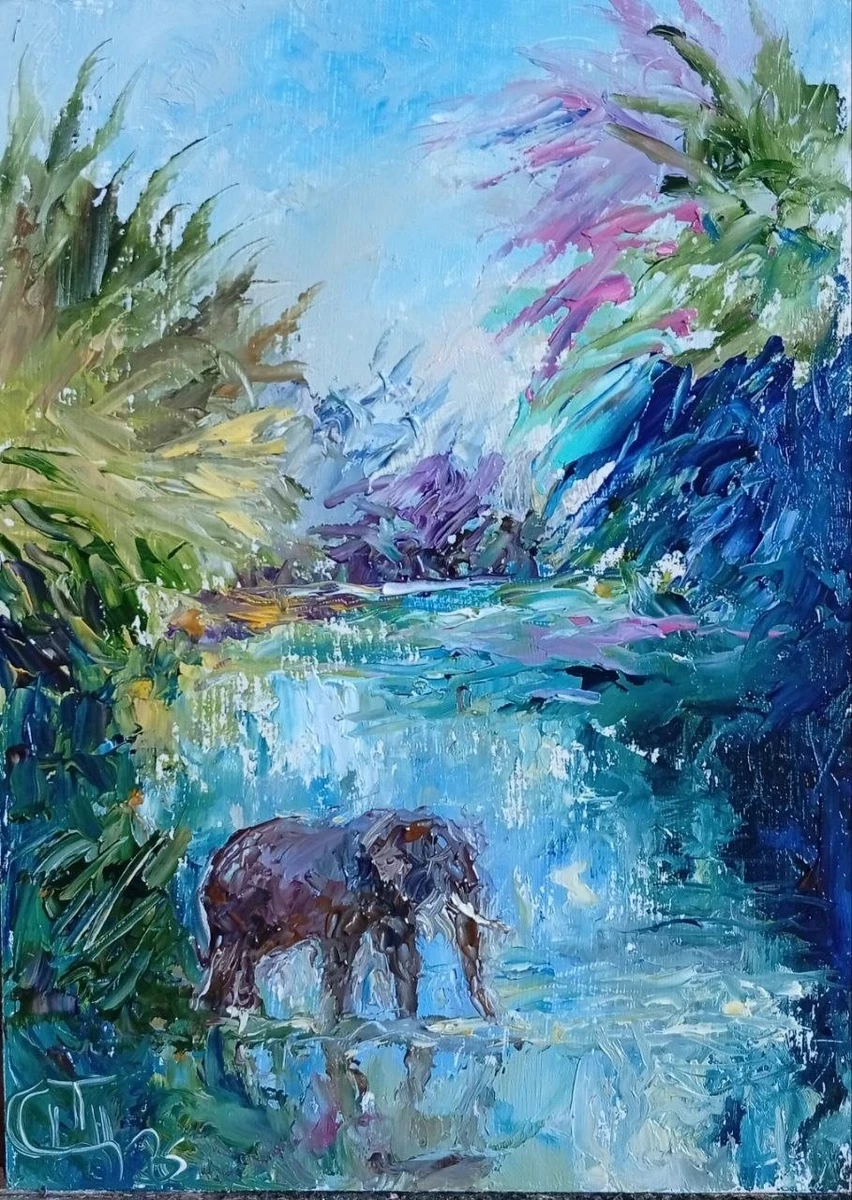 油画大象艺术绘画| eBay