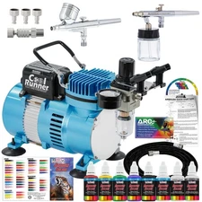 Master Airbrush Compressor Kit with 2 Airbrushes, 6 Acrylic Paint Colors Art Set