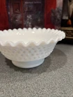 Fenton Vintage Milk Glass 10" White Footed Bowl Hobnail Pattern with Wavy Top