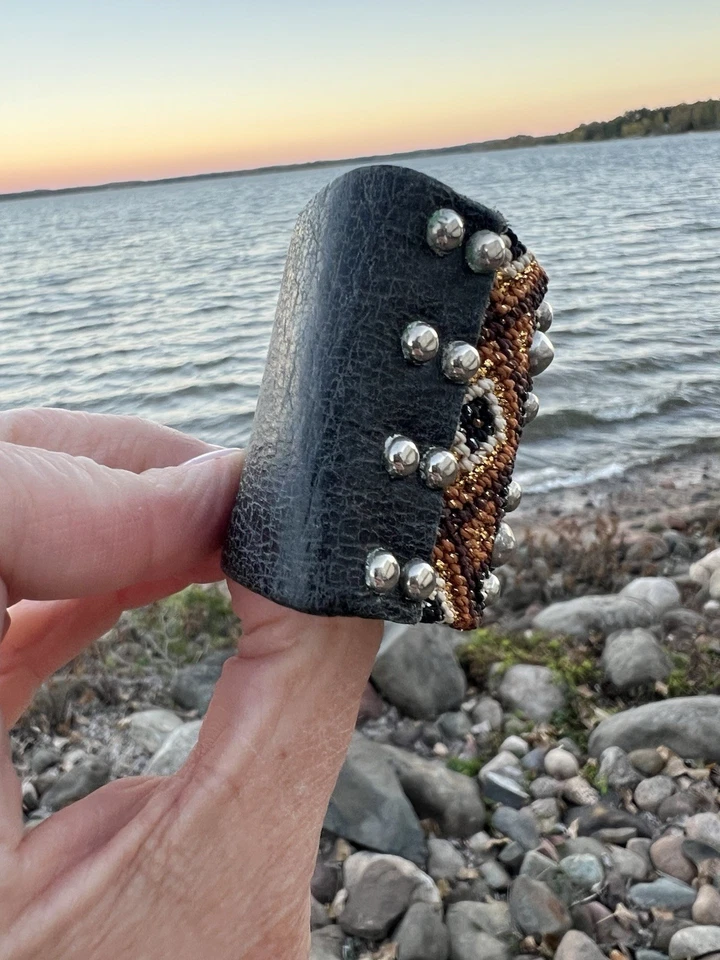 Calleen Cordero green leather cuff bracelet beaded aztec studded boho designer - Image 4 of 4