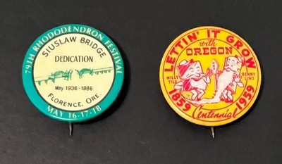Oregon Centennial Pin Button 1959 Lettin It Grow KEX + Siuslaw Bridge Dedication