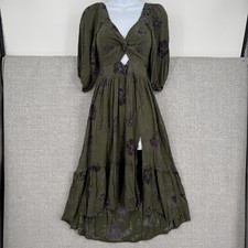 Angie Dress Womens M Green Floral Puff Sleeve Cutout Hi Low Maxi Boho Fairy