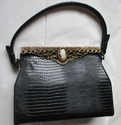 After Five Vtg 50s Faux Lizard Structured Top Handle Purse Bag Frame Shell Cameo