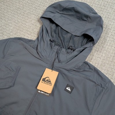 QuikSilver DryFlight Windbreaker Mens M Gray Full Zip Hooded Water Repellent