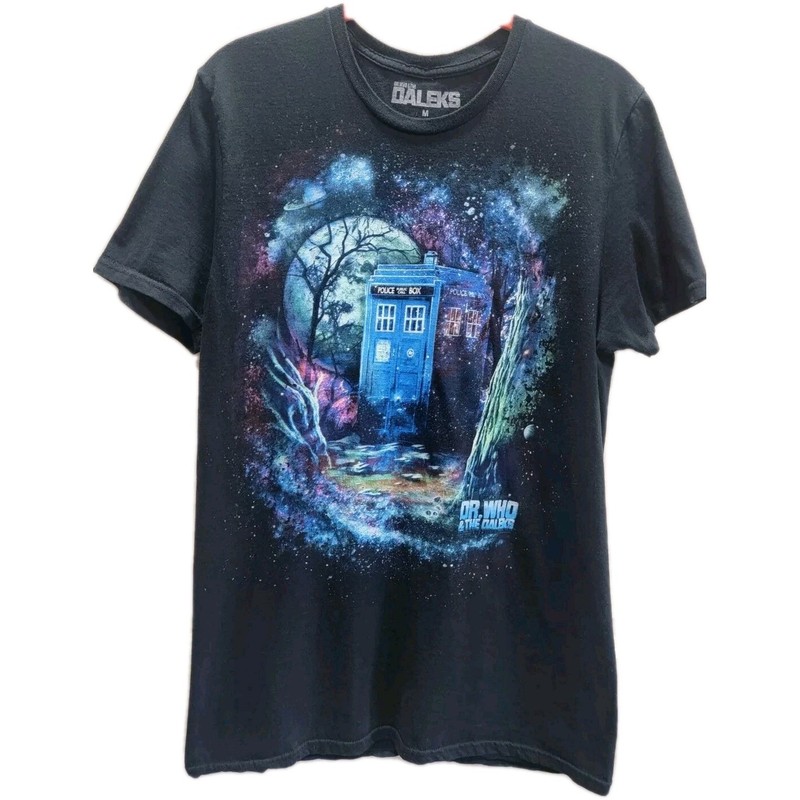 Doctor Who TARDIS Graphic Tee Women’s Medium Black Galaxy Print Daleks