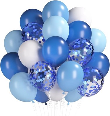 Luftballons Blau, 60 Stück Perlblau Matt Weiß Luftballon Set, Blaue Konfetti B