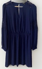 Womens EXPRESS S Navy long Sleeve Lace detail Keyhole Neck Cinched Waist Dress