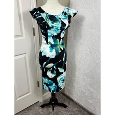 Love Ady Floral Bodycon Sheath Dress Ruffle Sleeve Teal Black Party Girl Medium
