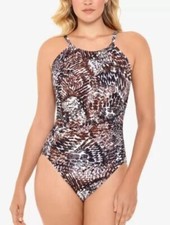 SWIM SOLUTIONS Women's Tummy Control V Back One Piece Swimsuit 14 Multi