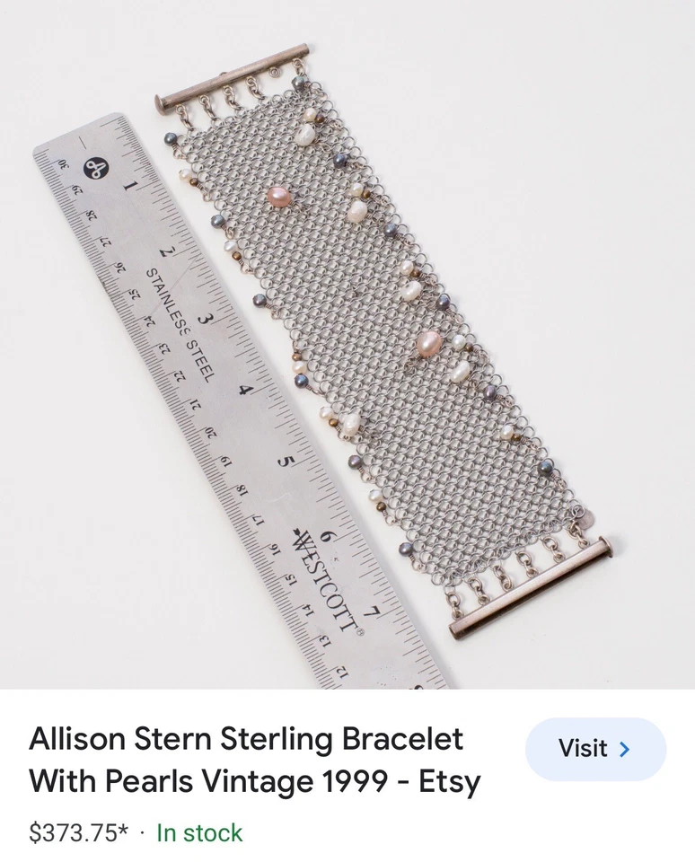 Pulsera de plata de ley y perlas de Allison Stern ~ vintage ~ 1999 cota de malla usada en excelente estado Foto 4 de 4