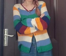 Womens Autumn New Fashion Round Collar Long Sleeve Loose Stripe Kniting Sweaters