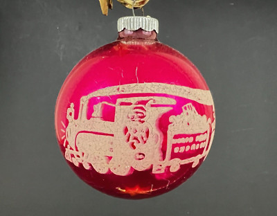 Shiny Brite Hot Pink Stencil Santa North Pole Train Ride Xmas Ornament 3.5''