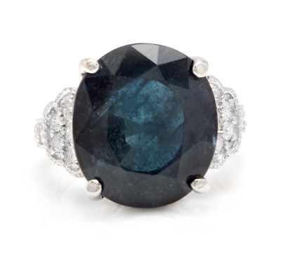 20.60 Ct Natural Australian Sapphire & Diamond 14K White Solid Gold Ring