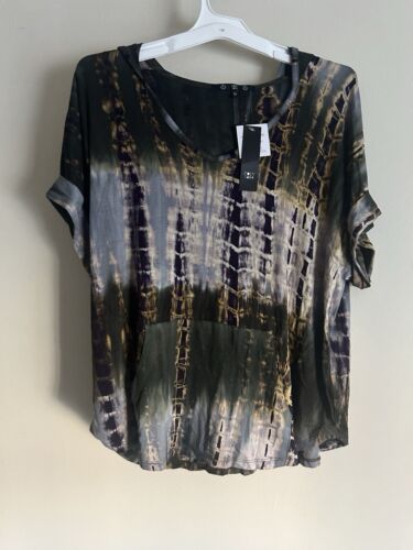 Coin 1804 Shirt Womens 1X Tie Dye Hooded Blouse Top Short Sleeve Hoodie NWT