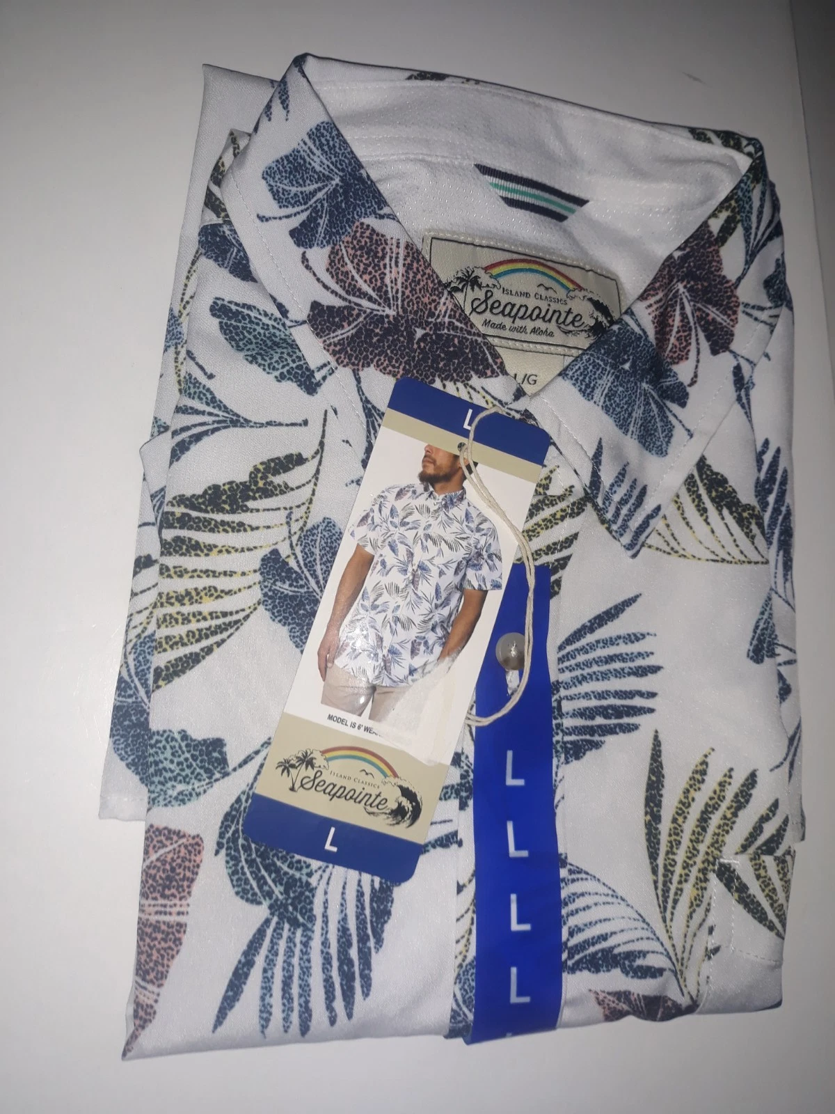 Seapointe Men's Soft Tropical Hawaiian Woven Button Down Shirt White LARGE NEW