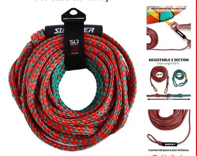 2-Section Tow Rope for Tubing 60ft 4100Lbs Tension 1-4 Rider Boat Accessory