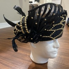 Church Kentucky Derby Hat Black Gold Embellished Floral Feather J.F.Y Collection