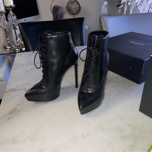 Saint Laurent 37 Black Janis Oxford Nappa Leather Stiletto Lace Up Ankle Boots - Picture 9 of 16