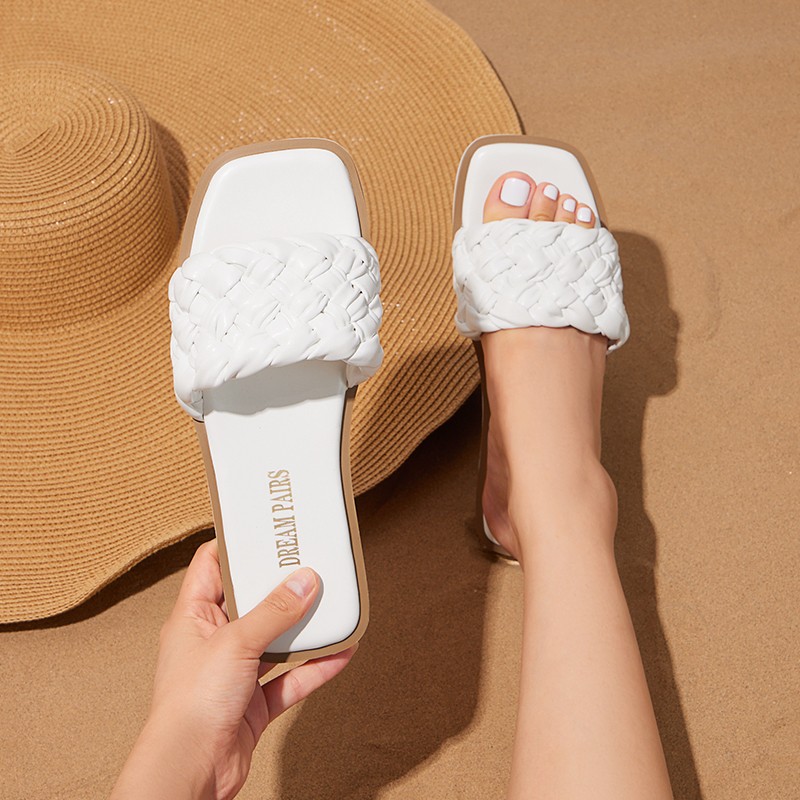 US Women Slide Sandals Square Toe Flat Sandals Slip On Summer Walking Sandals US
