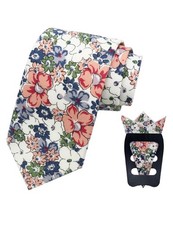 Mens Floral Flower Necktie, Pocket Square Set, Woven Tie for Spring Wedding