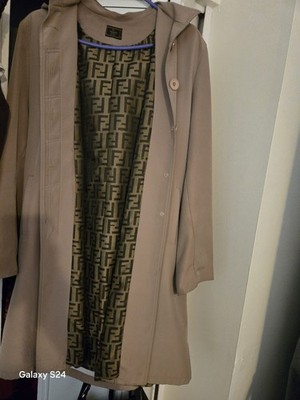 Fendi Zucca Monogram Lined Hooded Belted Trench Coat Beige Women Large
