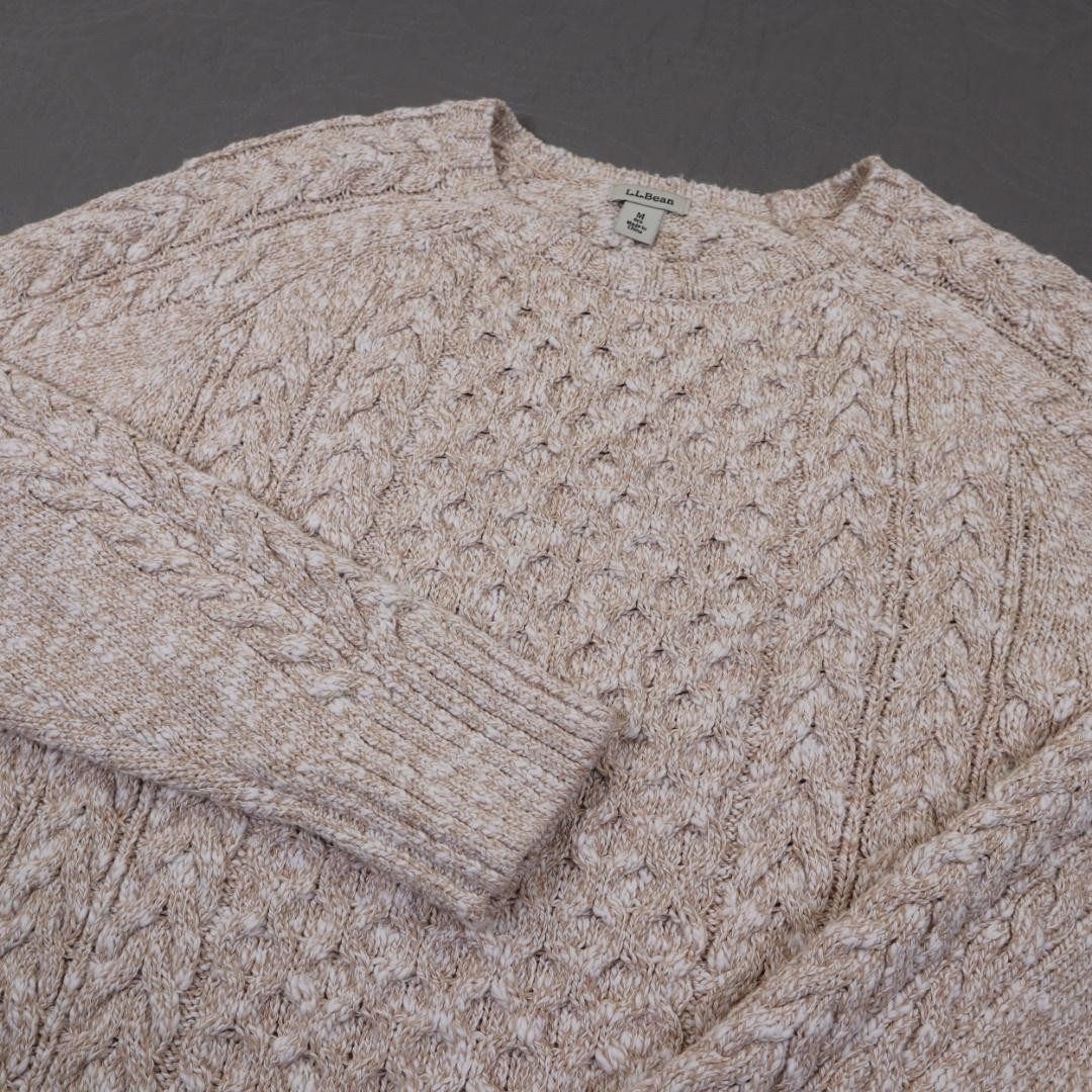 LL Bean Sweater Womens Medium Beige Cable Knit Cotton Crewneck Pullover Tunic