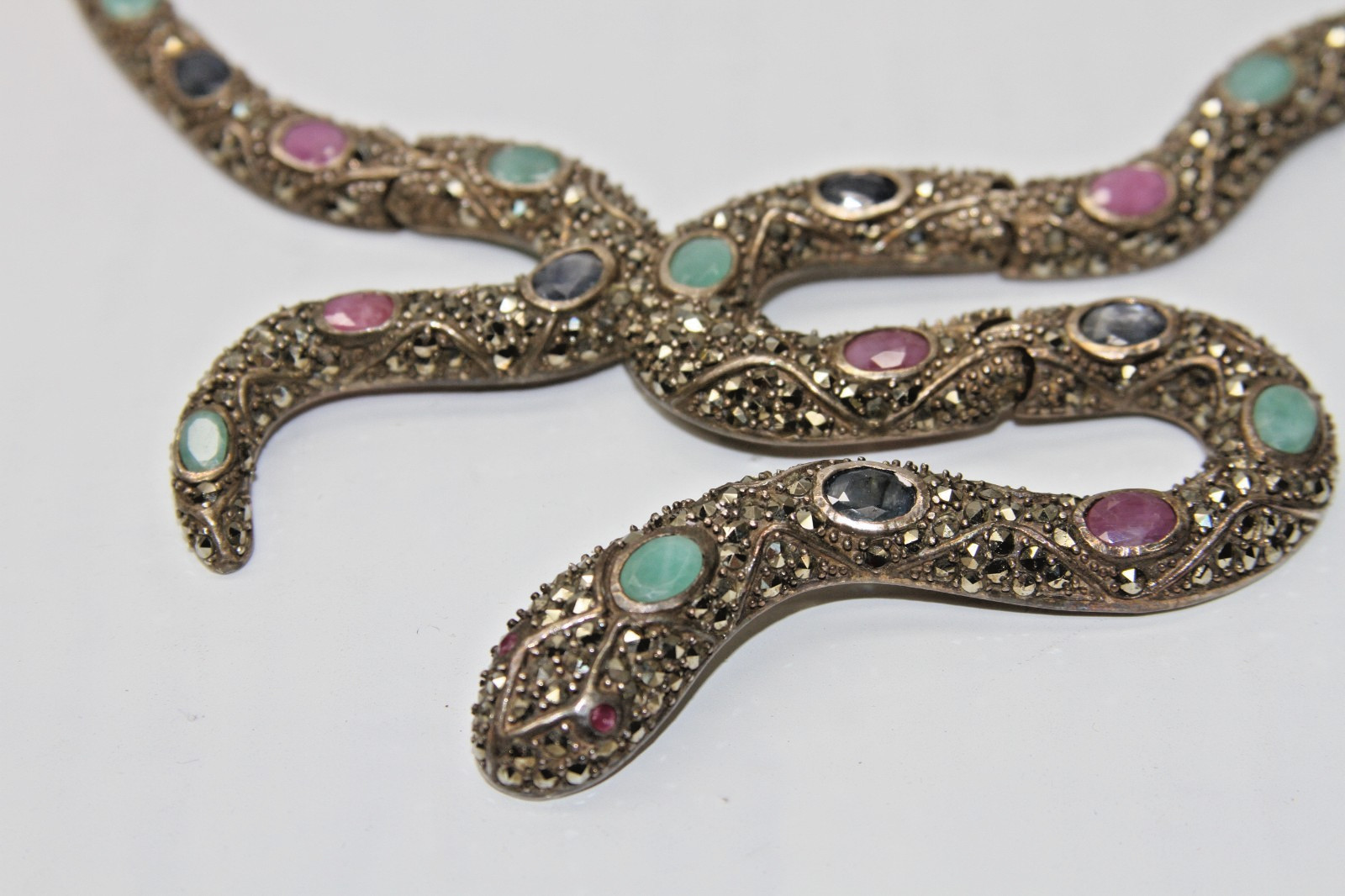Ruby, Emerald, Sapphire, Marcasite Snake Necklace… - image 4