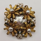 Miriam Haskell Vintage Brooch Gold Tone Faux Pearl Floral Ribbon Bow Filigree