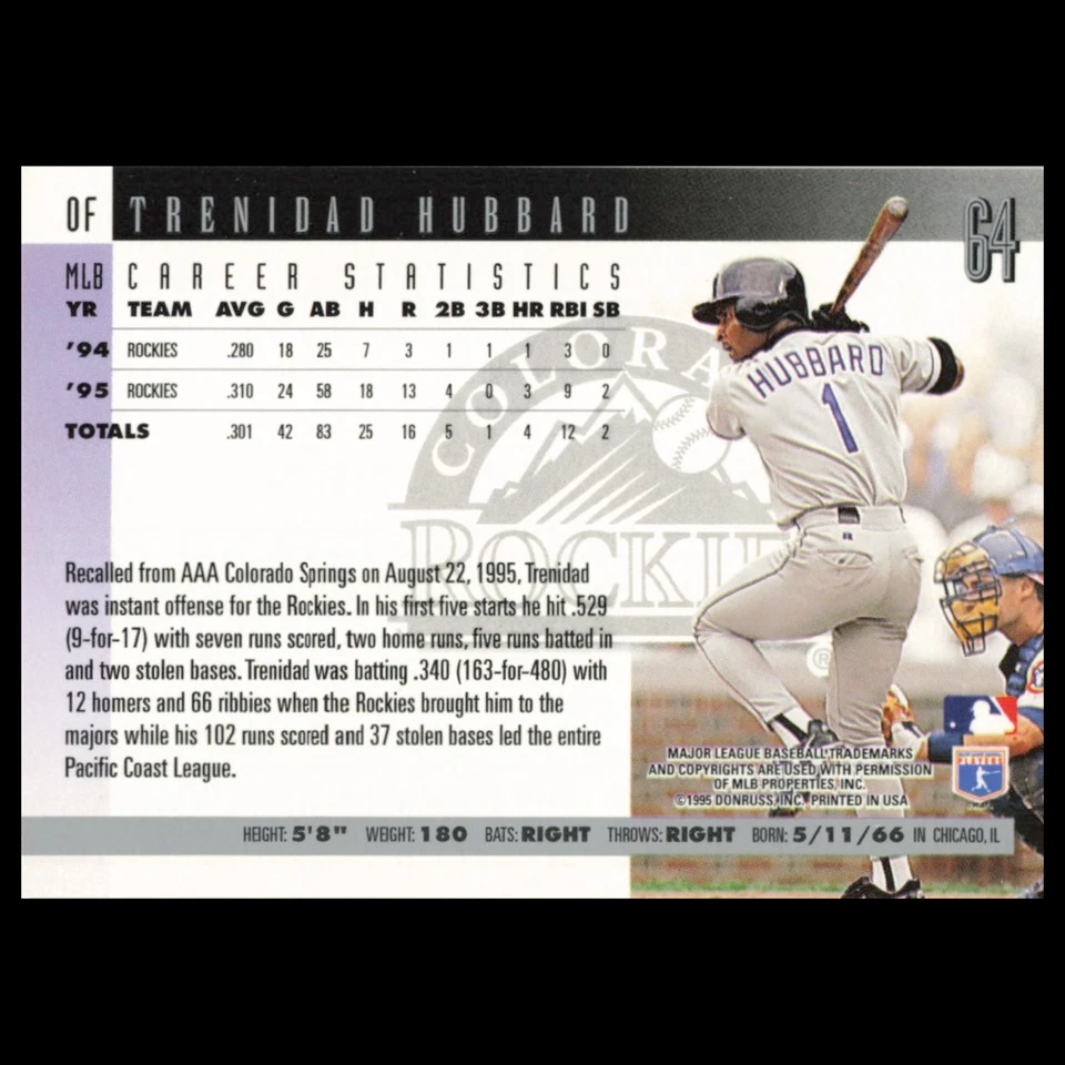 Trenidad Hubbard #64 1996 Donruss Colorado Rockies Baseball Card MLB NM - Image 2 of 3